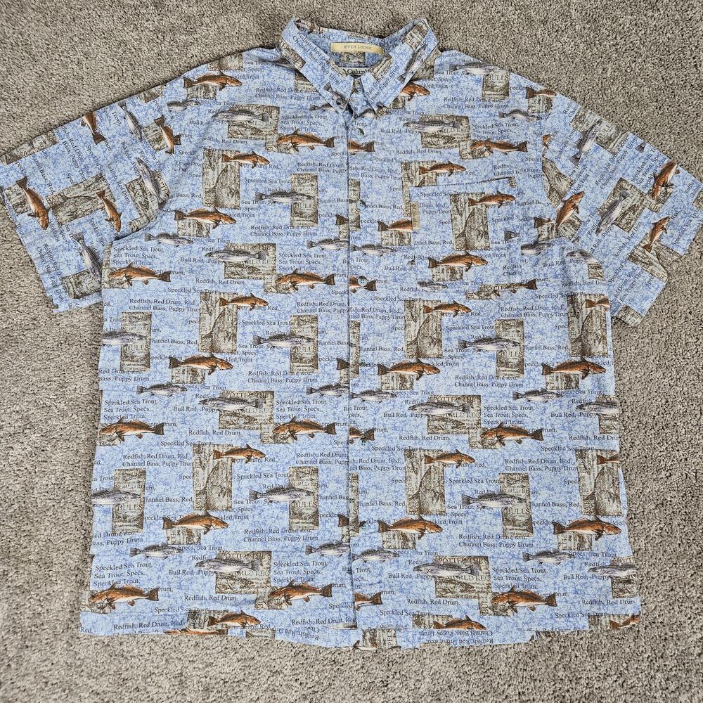 Columbia River Lodge Shirt Men's XL Blue Button Up AOP Fish Cocktail Resortwear